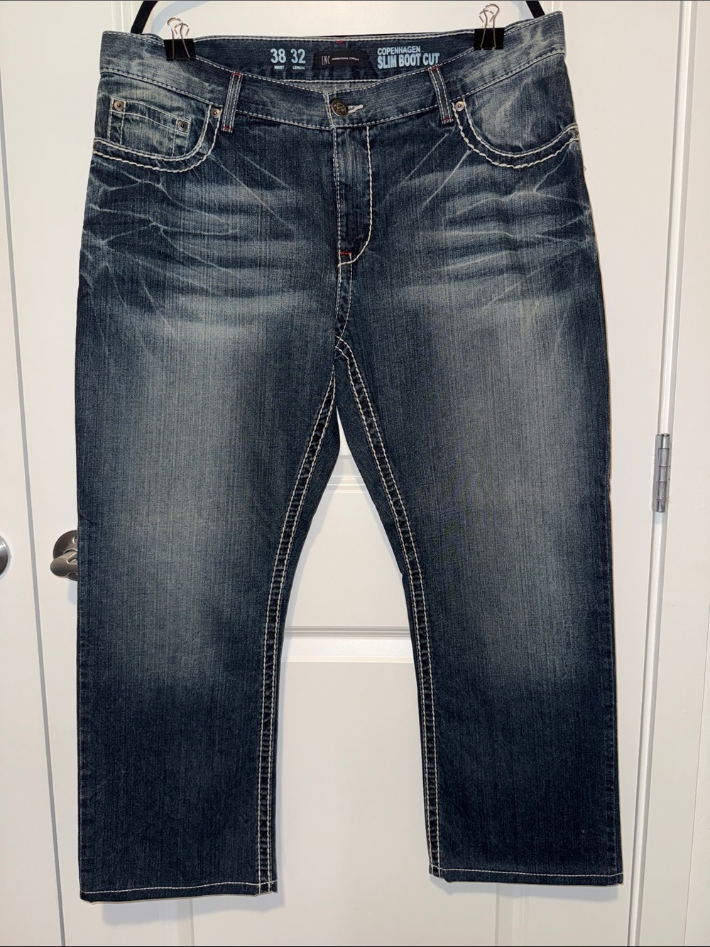 INC International Concepts Mens Slim Bootcut Jeans in Dark Blue Fade